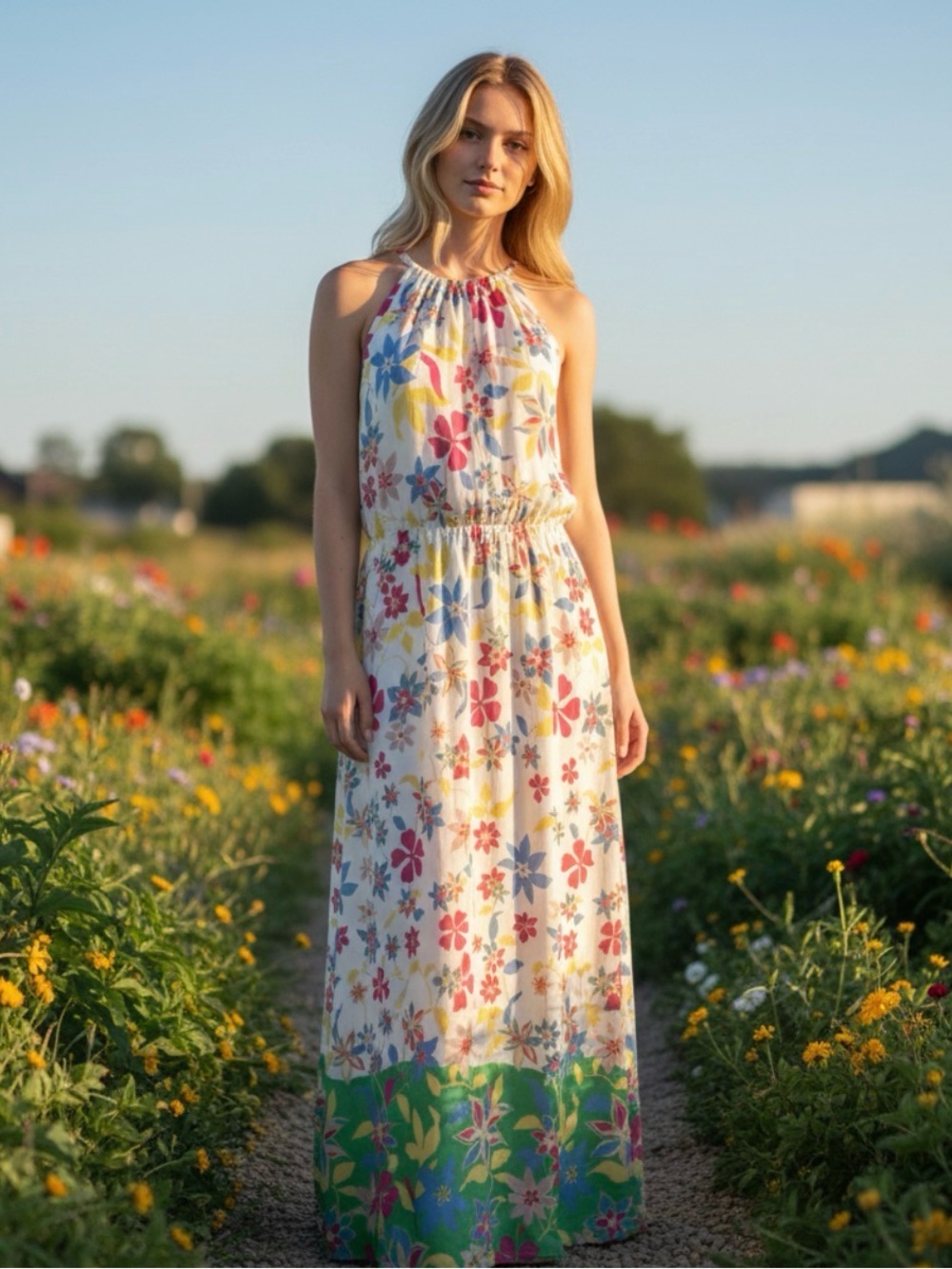 ModCloth White Maxi Dress with Pink, Blue and Green Floral Print